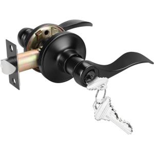 imageProbrico 2 Pack Wave Style Keyed Alike Entry Levers Exterior Interior Satin Nickel Keyed Door Handles with Lock and Same Keys Reversible for Right Left Handed DoorsBlack