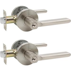 imageProbrico Flat Keyed Alike Entry Door Levers Satin Nickel Single Cylinder Door Locks with Same Keys Exterior Interior Door Levers with Lock and Key Reversible for Right ampamp Left Side 3 Pack2 Pack