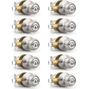 imageProbrico 2 Pack Keyed Alike Locks for Exterior and Interior Doors Brushed Nickel Stainless Steel Entrance Door Knobs Round Ball Keyed Entry Door Knobs with Same Keys for Bedroom Bathroom10 Pack