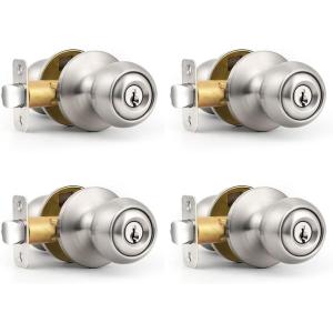 imageProbrico 2 Pack Keyed Alike Locks for Exterior and Interior Doors Brushed Nickel Stainless Steel Entrance Door Knobs Round Ball Keyed Entry Door Knobs with Same Keys for Bedroom Bathroom4 Pack