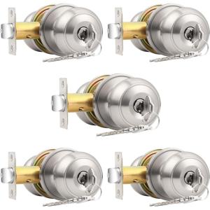 imageProbrico 5 Pack keyed Alike Locks Entry Door Knobs Exterior Entrance Locksets Knobsets in Brushed Nickel Contractor Pack Combo Pack Keyed Hardware