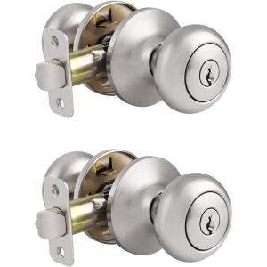 imageProbrico Entry Door Knobs with Lock Keyed Alike Interior Exterior Door Locks in Brushed Nickel Finish 4 Pack Stainless Steel Modern Entrance Locksets for Bedroom OfficeBrushed Nickel