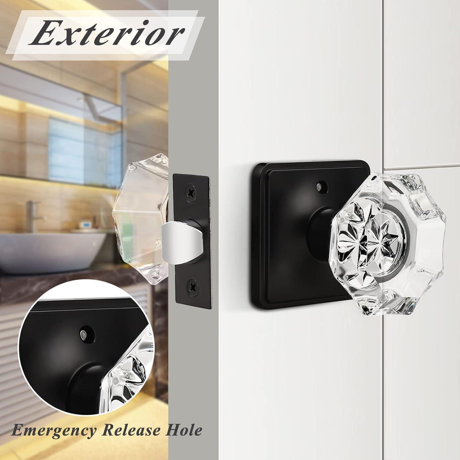 imageProbrico Octagon Clear Crystal Door Knobs with Lock Interior Privacy Knobs for Bed and Bath with Black Round Rosette 10 Pack