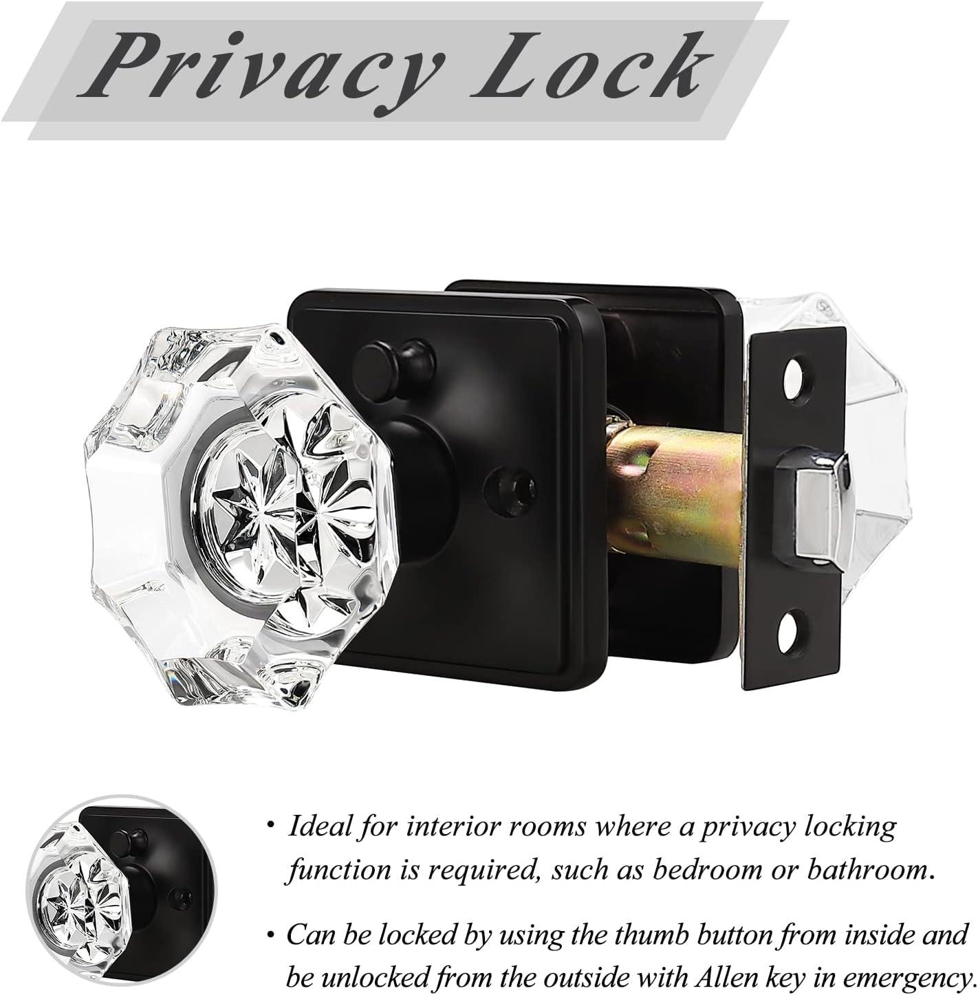 imageProbrico Octagon Clear Crystal Door Knobs with Lock Interior Privacy Knobs for Bed and Bath with Black Round Rosette 10 Pack
