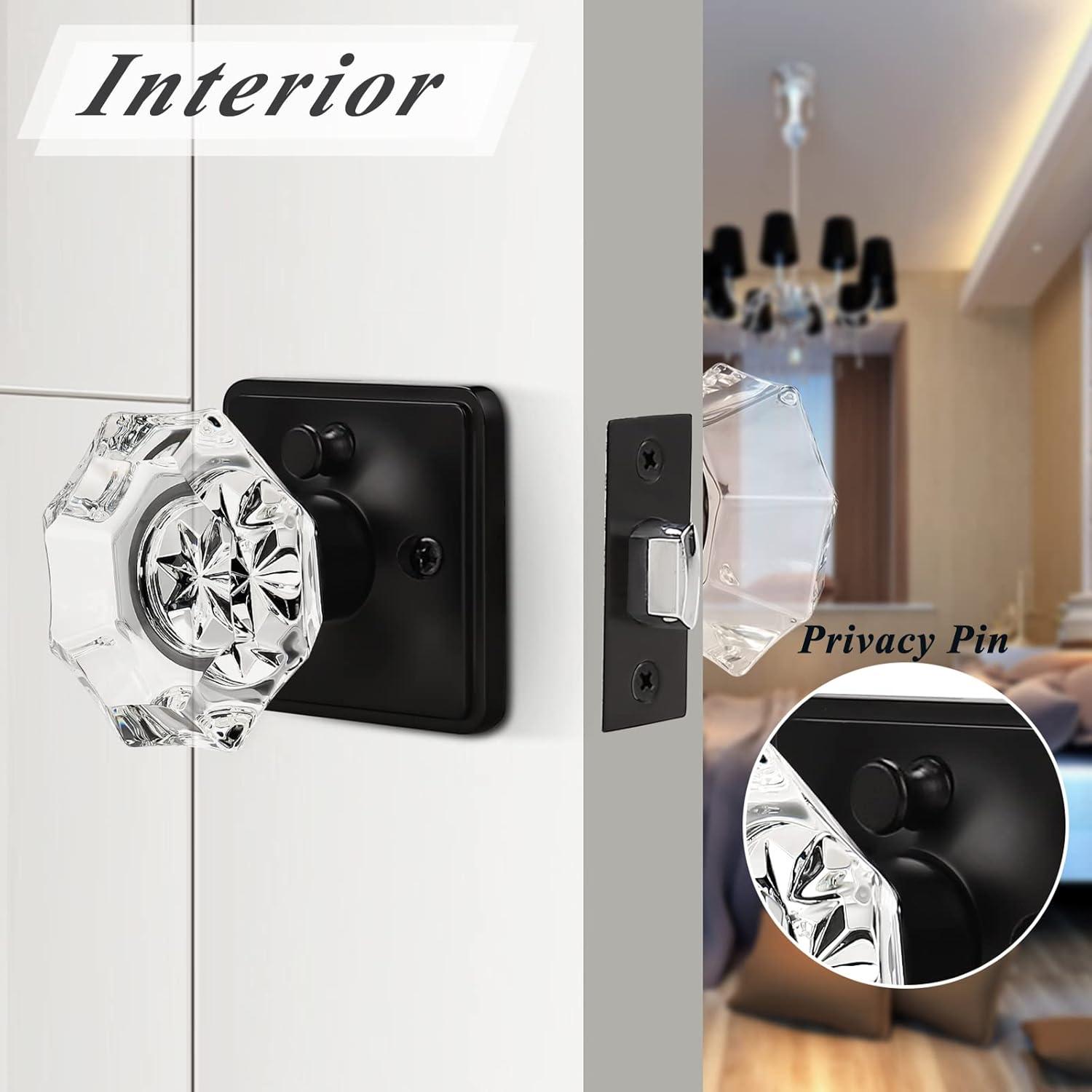 imageProbrico Octagon Clear Crystal Door Knobs with Lock Interior Privacy Knobs for Bed and Bath with Black Round Rosette 10 Pack