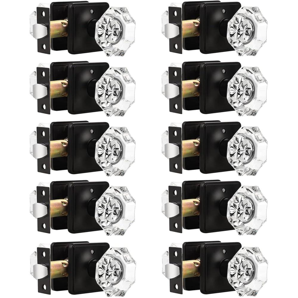 imageProbrico Octagon Clear Crystal Door Knobs with Lock Interior Privacy Knobs for Bed and Bath with Black Round Rosette 10 Pack