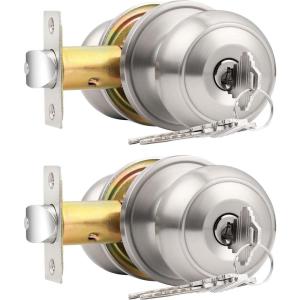imageProbrico 2 Pack Keyed Alike Locks Entry Door Knobs Entrance Lock Sets in Brushed Nickel Combo Pack Exterior Interior Keyed Knobs