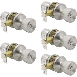 imageProbrico Brushed Nickel Finish Handle Knobs Keyless Privacy Interior Doors Bed and Bath Lockset 5 Pack