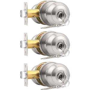 imageProbrico Brushed Nickel One Keyway Entrance Door Knobs Keyed Alike Door Locks Locksets for BedBath3 Pack