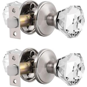 imageProbrico Diamond Crystal Door Knobs for Hall Closet Interior Keyless NonLocking Glass Passage Knobs Brushed Nickel Round Rosette 2 Pack