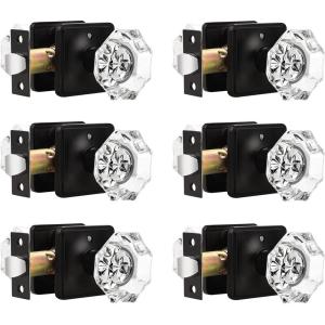 imageProbrico Faceted Crystal Door Knobs with Lock Privacy Function for Bed and Bath Heavy Duty Glass Door Knob with Black Round Rousette 6 Pack