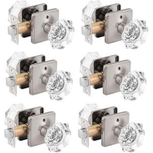 imageProbrico Faceted Crystal Door Knobs with Lock for BedroomBathroom 6 Pack Heavy Duty Octagon Clear Privacy Door Knob Keyless Door Handles Interior with Brushed Nickel Square Rosette