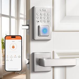 imageProbrico Keyless Entry Door Lock with Handle Smart Locks for Front Door Black Keypad Door Lock with Handle Fingerprint Door Lock Electronic Keypad Deadbolt with Handle Lever App Control Auto LockSatin Nickel