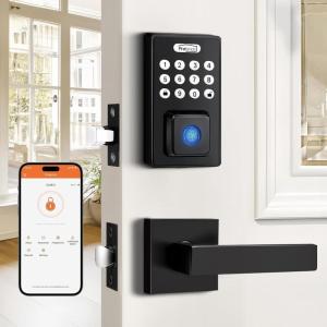 imageProbrico Keyless Entry Door Lock with Handle Smart Locks for Front Door Black Keypad Door Lock with Handle Fingerprint Door Lock Electronic Keypad Deadbolt with Handle Lever App Control Auto LockBlack