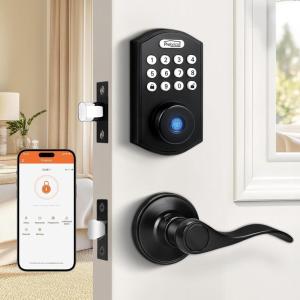 imageProbrico Keypad Door Lock with Handle Keyless Entry Door Lock Smart Locks for Front Door Fingerprint Deadbolt with Handle Black Smart Deadbolt Entry Door Handle Set