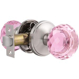 imageProbrico NonLocking Door Handles Interior for Hallway and Closet 1 Pack Crystal Door knobs Passage in Round Faceted Diamond Shape Heavy Duty Pink Glass Door Knob with Brushed Nickel Round Rosette