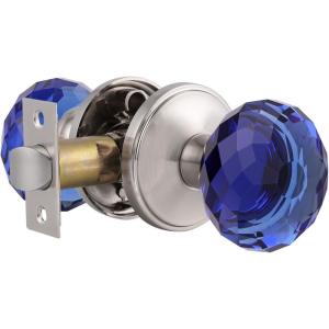 imageProbrico NonLocking Keyless Door Knob Interior for HallwayCloset 1 Pack Round Faceted Diamond Shape Blue Glass Door Knobs Passage Heavy Duty Crystal Door Knobs with Brushed Nickel Finish Rosette