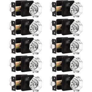 imageProbrico Octagon Clear Crystal Door Knobs with Lock Interior Privacy Knobs for Bed and Bath with Black Round Rosette 10 Pack