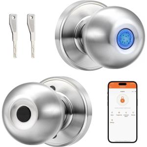 imageProbrico Smart Door Knob Fingerprint Biometric Door Knob with Smart Lock Keyless Entry Door Lock with Knob Round Electronic Door Lock for BedroomGarageOfficeClosetApartmentApp ControlBlackSatin Nickel