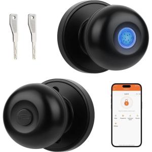 imageProbrico Smart Door Knob Fingerprint Biometric Door Knob with Smart Lock Keyless Entry Door Lock with Knob Round Electronic Door Lock for BedroomGarageOfficeClosetApartmentApp ControlBlackBlack