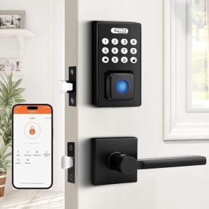imageProbrico Smart Door Lock for Front Door Keypad Lock with Handle Lever Fingerprint Deadbolt Door Lock with Code Keyless Deadbolt Lock with Handle Black Smart Deadbolt Lock APP Passcode Auto Lock