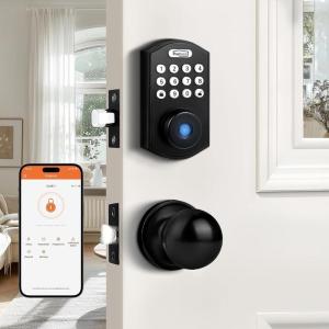 imageProbrico Smart Fingerprint Door Lock for Front DoorElectronic Keyless Entry Door Lock Deadbolt with Handle SetDoor Knob with Smart Keypad Deadbolt LockAuto LockAppBlack
