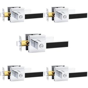 imageProbrico Heavy Duty Square Door Handle with Black Leather Hand Lever Keyless Privacy Interior Door Levers for Bedroom and Bathroom Polished Chrome 5 Pack