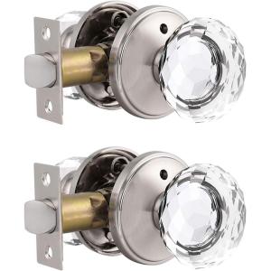 imageProbrico Diamond Crystal Glass Door Knobs Brushed Nickel Finish Round Privacy Door Knobs for Bed and Bath Heavy Duty Glass Interior Door Knobs with Round Rosette 3 PackBrushed Nickel