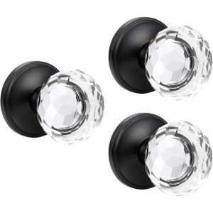 imageProbrico Diamond Crystal Style Half Dummy Door Knobs Faceted Glass Konb with Matte Black Round Rosette Individual Inactive French Door Knobs 5 PackBlack