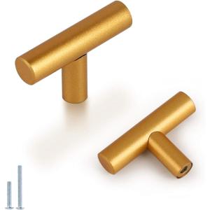 image:imageProbrico 5 Pack Single Hole Gold Cabinet Knobs Euro T Bar Cupboards Drawers Handles Brass Dresser Pulls 50mm2in Overall Length