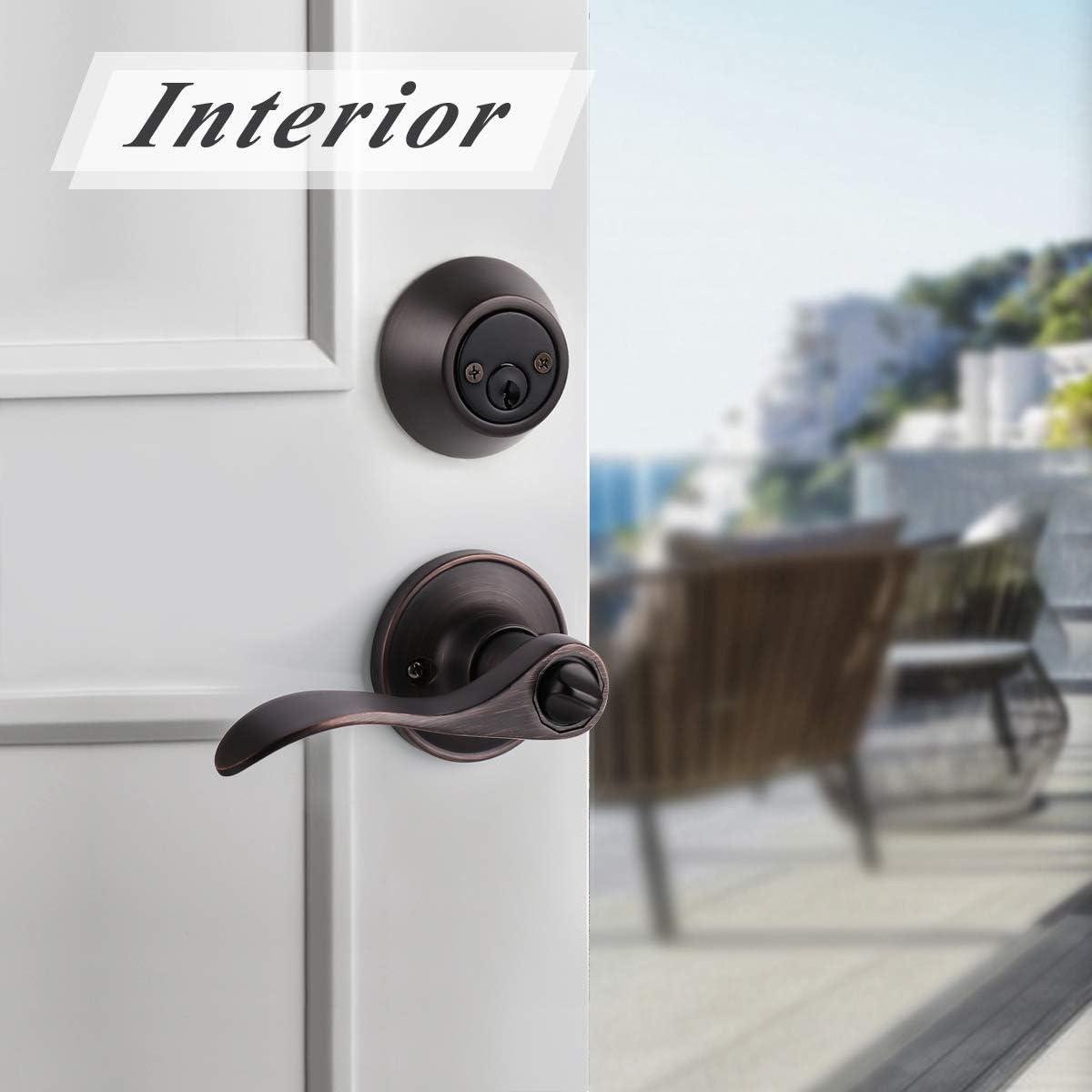 image:imageProbrico Front Door Handle Lever 3 Sets  Entry Door Lever and Double Cylinder Deadbolts Combo Pack in Oil Rubbed Bronze Finish Keyed Alike Lockset Exterior and Interior Contractor Pack Wave StyleOil Rubbed Bronze