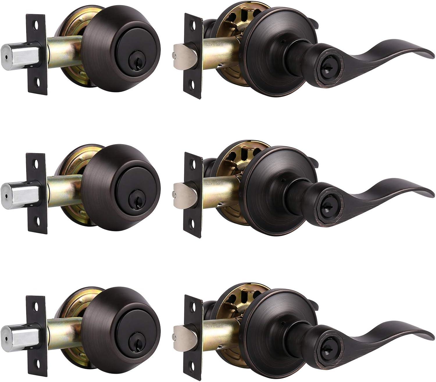 image:imageProbrico Front Door Handle Lever 3 Sets  Entry Door Lever and Double Cylinder Deadbolts Combo Pack in Oil Rubbed Bronze Finish Keyed Alike Lockset Exterior and Interior Contractor Pack Wave StyleOil Rubbed Bronze