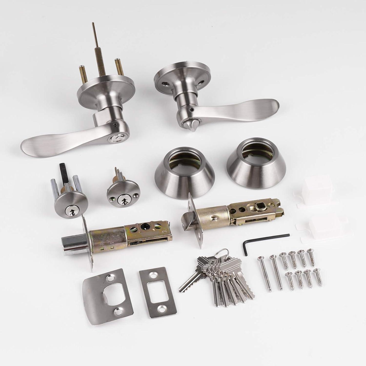 image:imageProbrico Front Door Handle Lever 3 Sets  Entry Door Lever and Double Cylinder Deadbolts Combo Pack in Oil Rubbed Bronze Finish Keyed Alike Lockset Exterior and Interior Contractor Pack Wave StyleBrushed Nickel