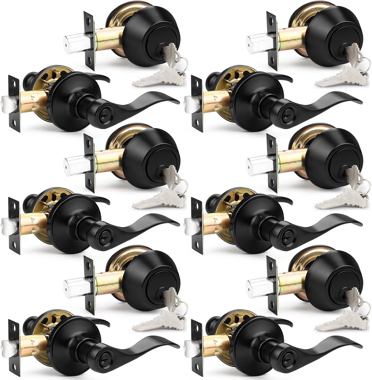 image:imageProbrico Front Door Handle Lever 3 Sets  Entry Door Lever and Double Cylinder Deadbolts Combo Pack in Oil Rubbed Bronze Finish Keyed Alike Lockset Exterior and Interior Contractor Pack Wave StyleBlack