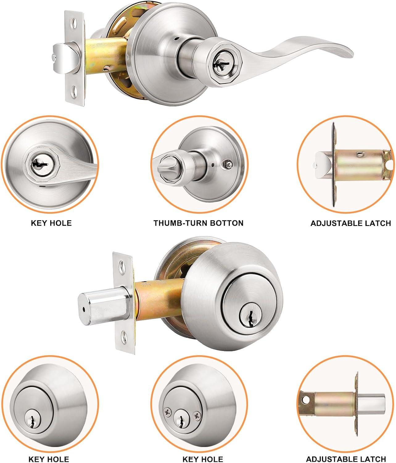 image:imageProbrico Front Door Handle Lever 3 Sets  Entry Door Lever and Double Cylinder Deadbolts Combo Pack in Oil Rubbed Bronze Finish Keyed Alike Lockset Exterior and Interior Contractor Pack Wave StyleBrushed Nickel
