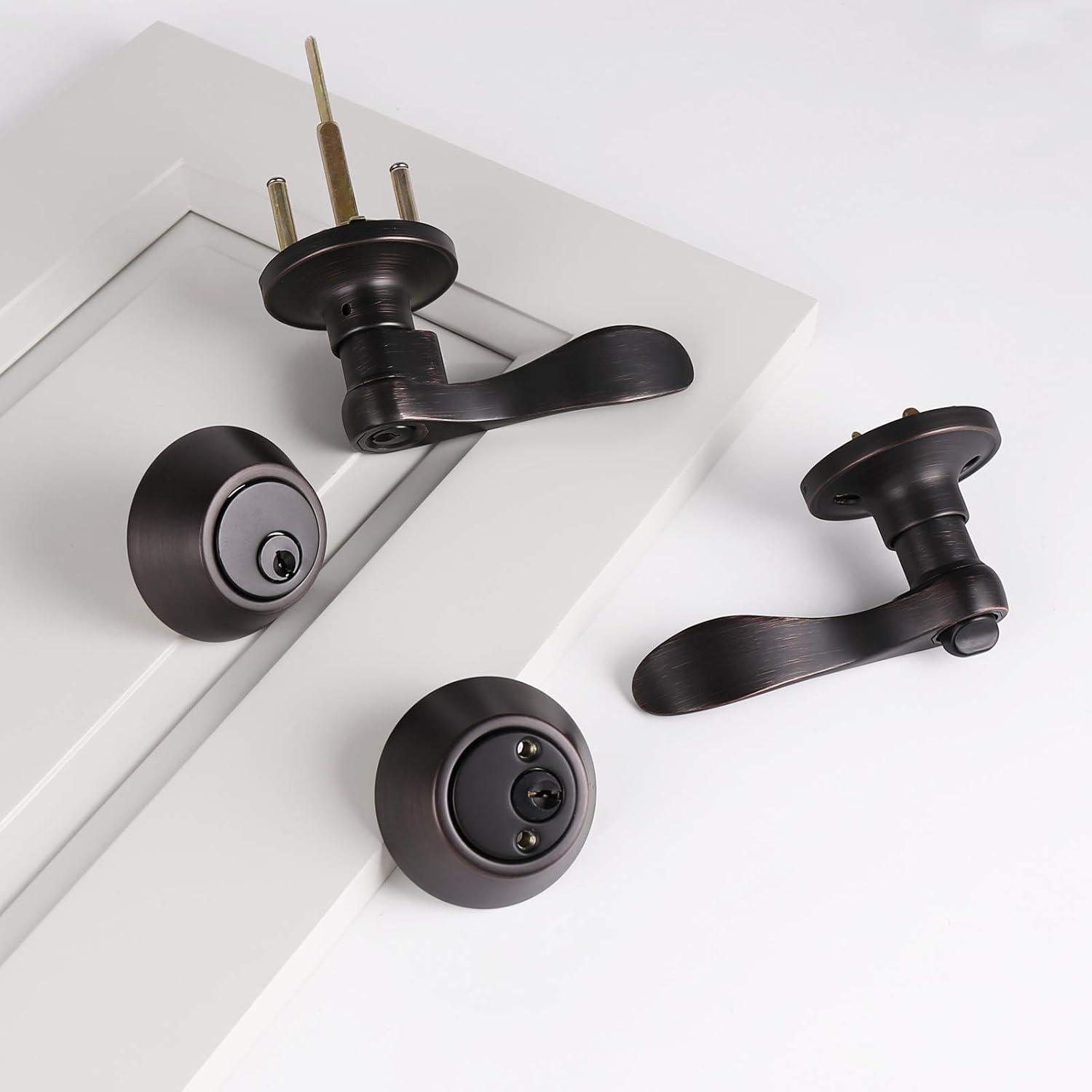 image:imageProbrico Front Door Handle Lever 3 Sets  Entry Door Lever and Double Cylinder Deadbolts Combo Pack in Oil Rubbed Bronze Finish Keyed Alike Lockset Exterior and Interior Contractor Pack Wave StyleOil Rubbed Bronze