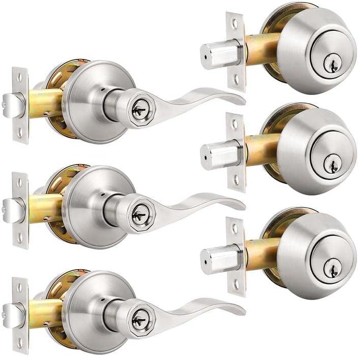 image:imageProbrico Front Door Handle Lever 3 Sets  Entry Door Lever and Double Cylinder Deadbolts Combo Pack in Oil Rubbed Bronze Finish Keyed Alike Lockset Exterior and Interior Contractor Pack Wave StyleBrushed Nickel