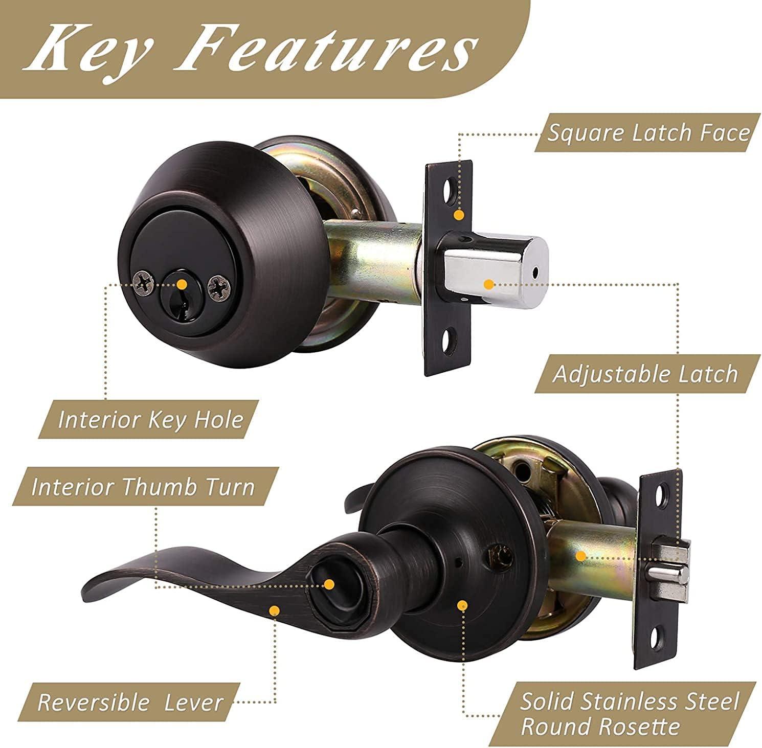 image:imageProbrico Front Door Handle Lever 3 Sets  Entry Door Lever and Double Cylinder Deadbolts Combo Pack in Oil Rubbed Bronze Finish Keyed Alike Lockset Exterior and Interior Contractor Pack Wave StyleOil Rubbed Bronze