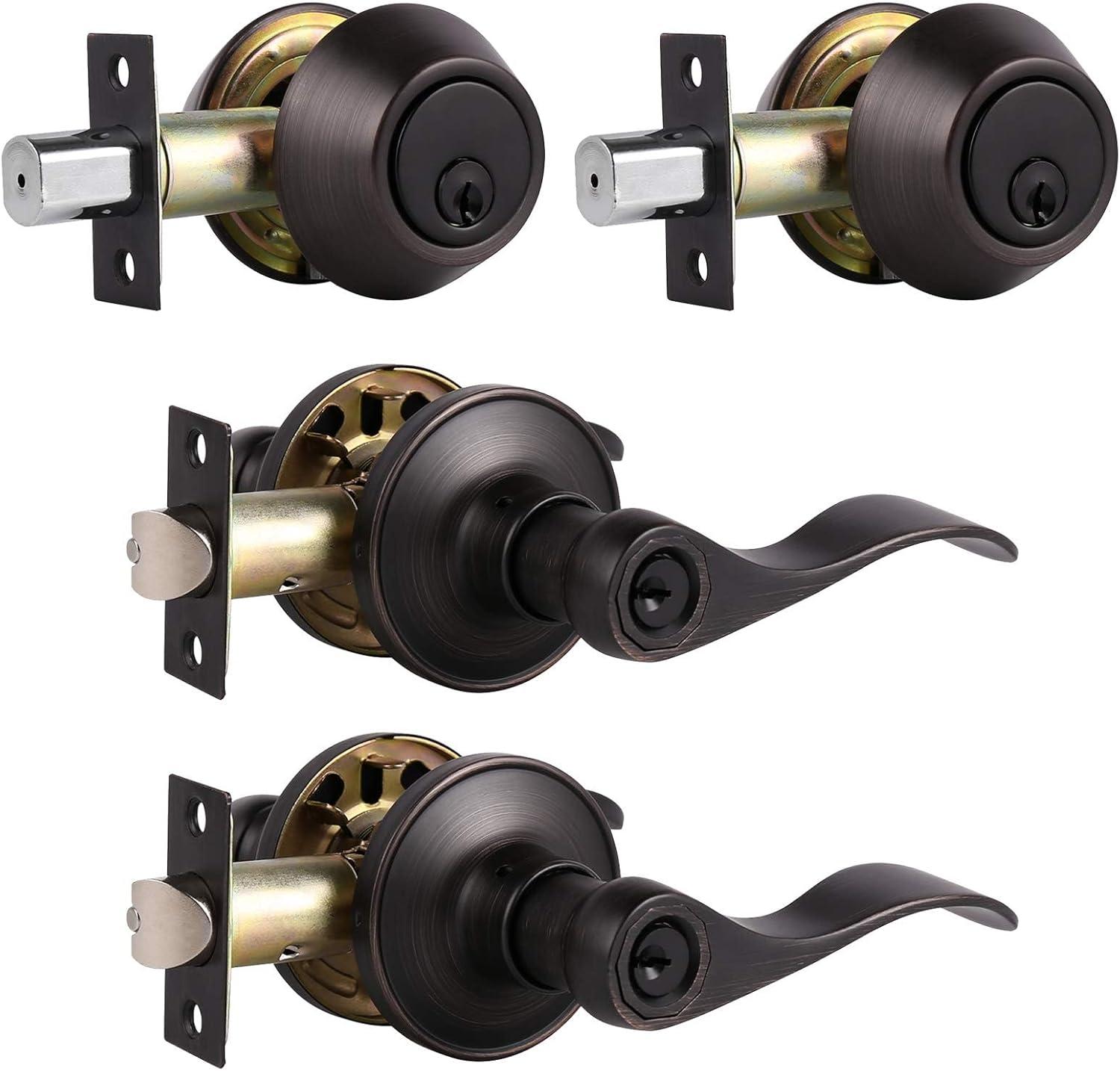 image:imageProbrico Front Door Handle Lever 3 Sets  Entry Door Lever and Double Cylinder Deadbolts Combo Pack in Oil Rubbed Bronze Finish Keyed Alike Lockset Exterior and Interior Contractor Pack Wave StyleOil Rubbed Bronze