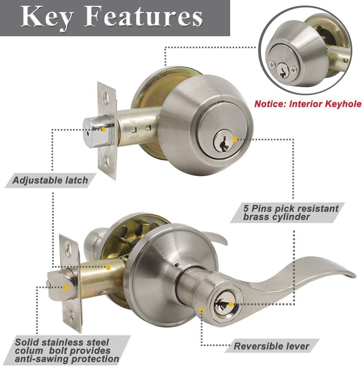 image:imageProbrico Front Door Handle Lever 3 Sets  Entry Door Lever and Double Cylinder Deadbolts Combo Pack in Oil Rubbed Bronze Finish Keyed Alike Lockset Exterior and Interior Contractor Pack Wave StyleBrushed Nickel
