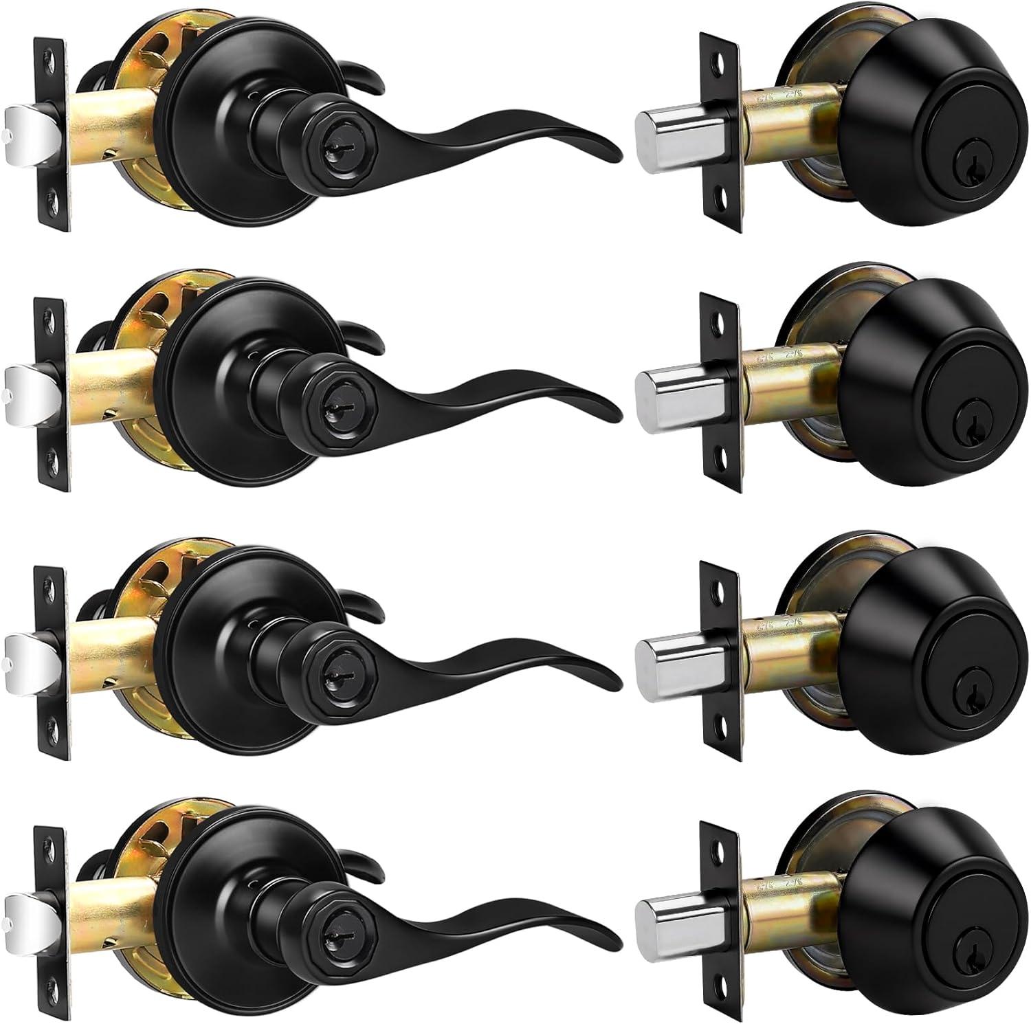 image:imageProbrico Front Door Handle Lever 3 Sets  Entry Door Lever and Double Cylinder Deadbolts Combo Pack in Oil Rubbed Bronze Finish Keyed Alike Lockset Exterior and Interior Contractor Pack Wave StyleBlack