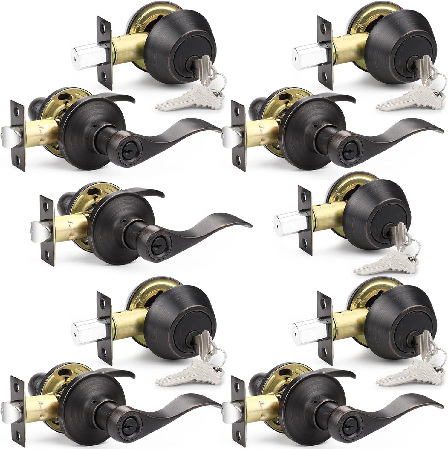 image:imageProbrico Front Door Handle Lever 3 Sets  Entry Door Lever and Double Cylinder Deadbolts Combo Pack in Oil Rubbed Bronze Finish Keyed Alike Lockset Exterior and Interior Contractor Pack Wave StyleOil Rubbed Bronze