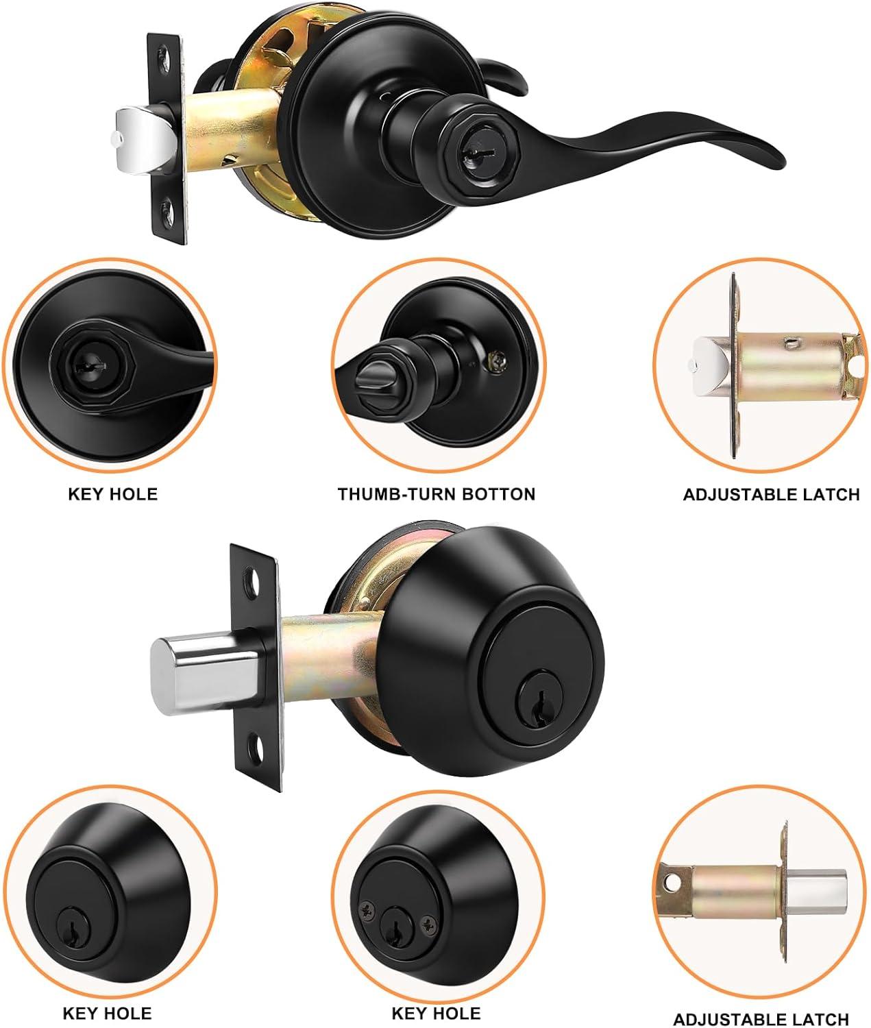 image:imageProbrico Front Door Handle Lever 3 Sets  Entry Door Lever and Double Cylinder Deadbolts Combo Pack in Oil Rubbed Bronze Finish Keyed Alike Lockset Exterior and Interior Contractor Pack Wave StyleBlack