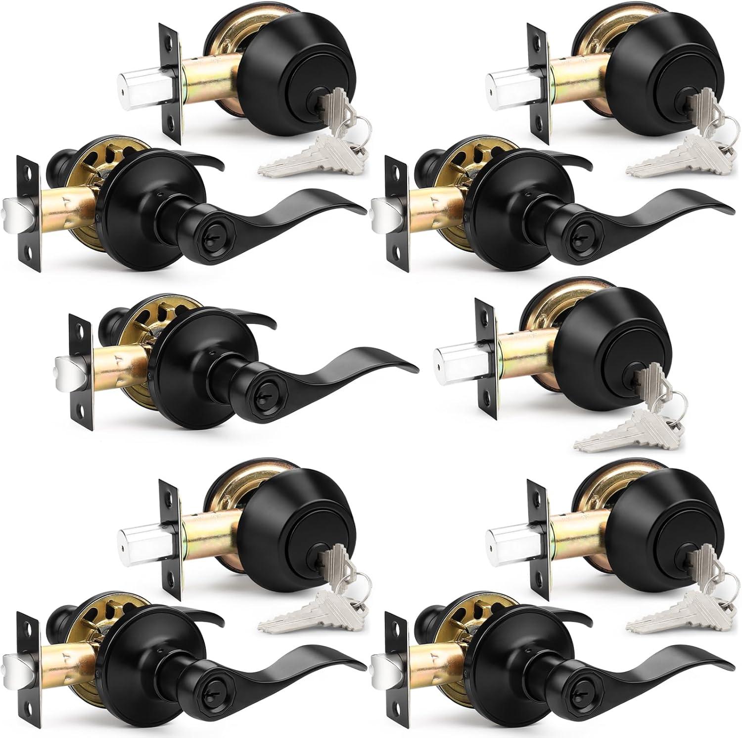 image:imageProbrico Front Door Handle Lever 3 Sets  Entry Door Lever and Double Cylinder Deadbolts Combo Pack in Oil Rubbed Bronze Finish Keyed Alike Lockset Exterior and Interior Contractor Pack Wave StyleBlack