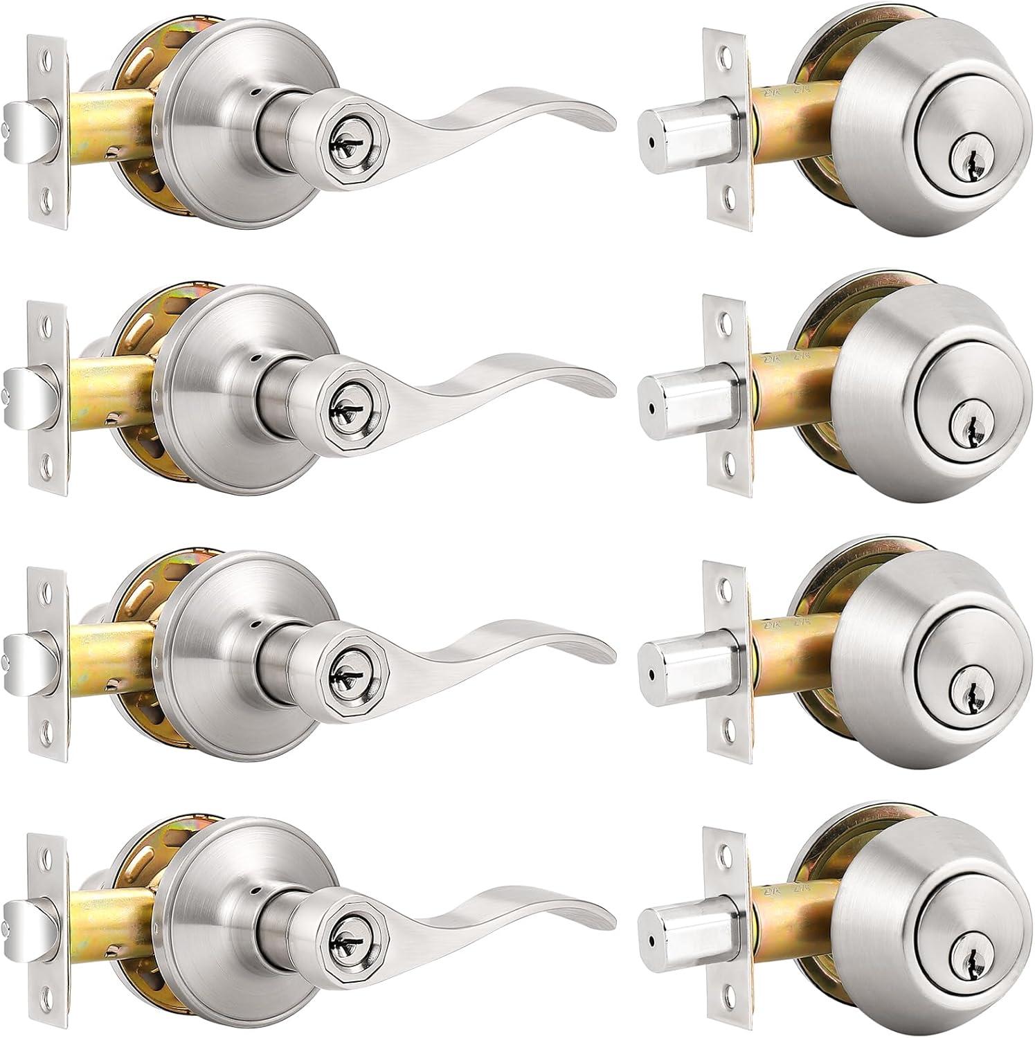 image:imageProbrico Front Door Handle Lever 3 Sets  Entry Door Lever and Double Cylinder Deadbolts Combo Pack in Oil Rubbed Bronze Finish Keyed Alike Lockset Exterior and Interior Contractor Pack Wave StyleBrushed Nickel