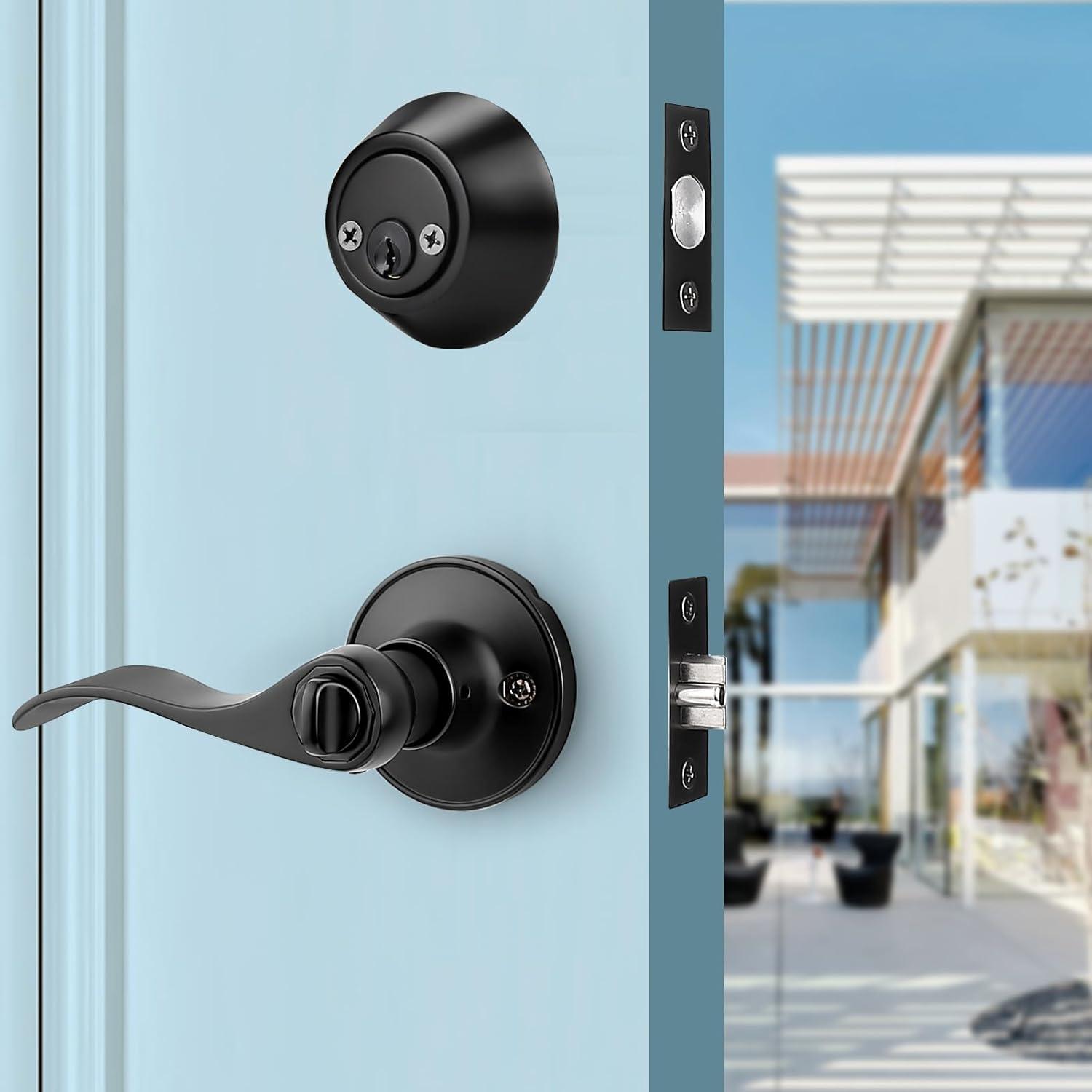 image:imageProbrico Front Door Handle Lever 3 Sets  Entry Door Lever and Double Cylinder Deadbolts Combo Pack in Oil Rubbed Bronze Finish Keyed Alike Lockset Exterior and Interior Contractor Pack Wave StyleBlack