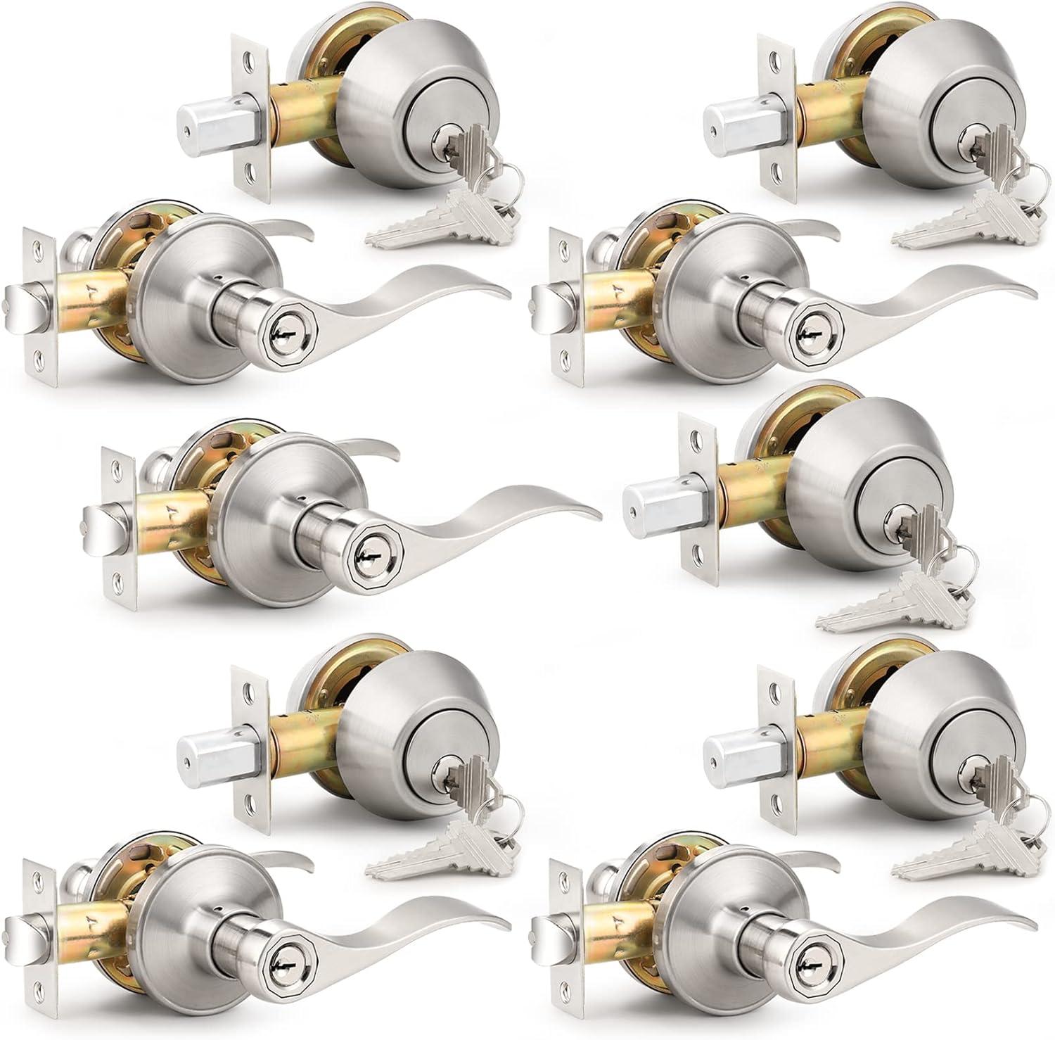 image:imageProbrico Front Door Handle Lever 3 Sets  Entry Door Lever and Double Cylinder Deadbolts Combo Pack in Oil Rubbed Bronze Finish Keyed Alike Lockset Exterior and Interior Contractor Pack Wave StyleBrushed Nickel