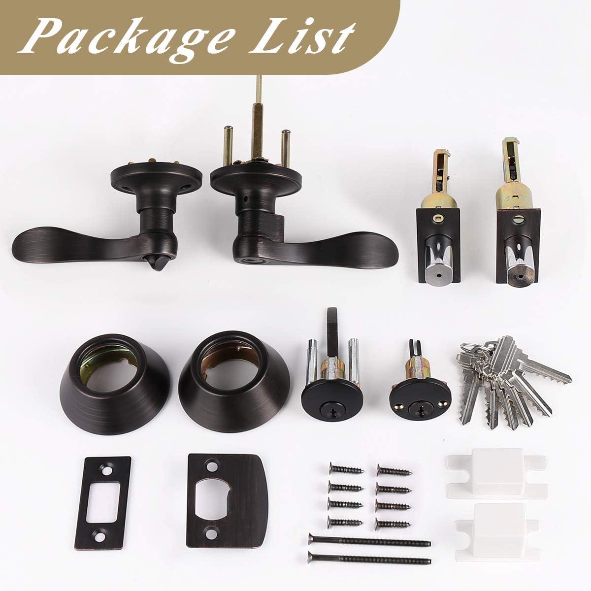 image:imageProbrico Front Door Handle Lever 3 Sets  Entry Door Lever and Double Cylinder Deadbolts Combo Pack in Oil Rubbed Bronze Finish Keyed Alike Lockset Exterior and Interior Contractor Pack Wave StyleOil Rubbed Bronze