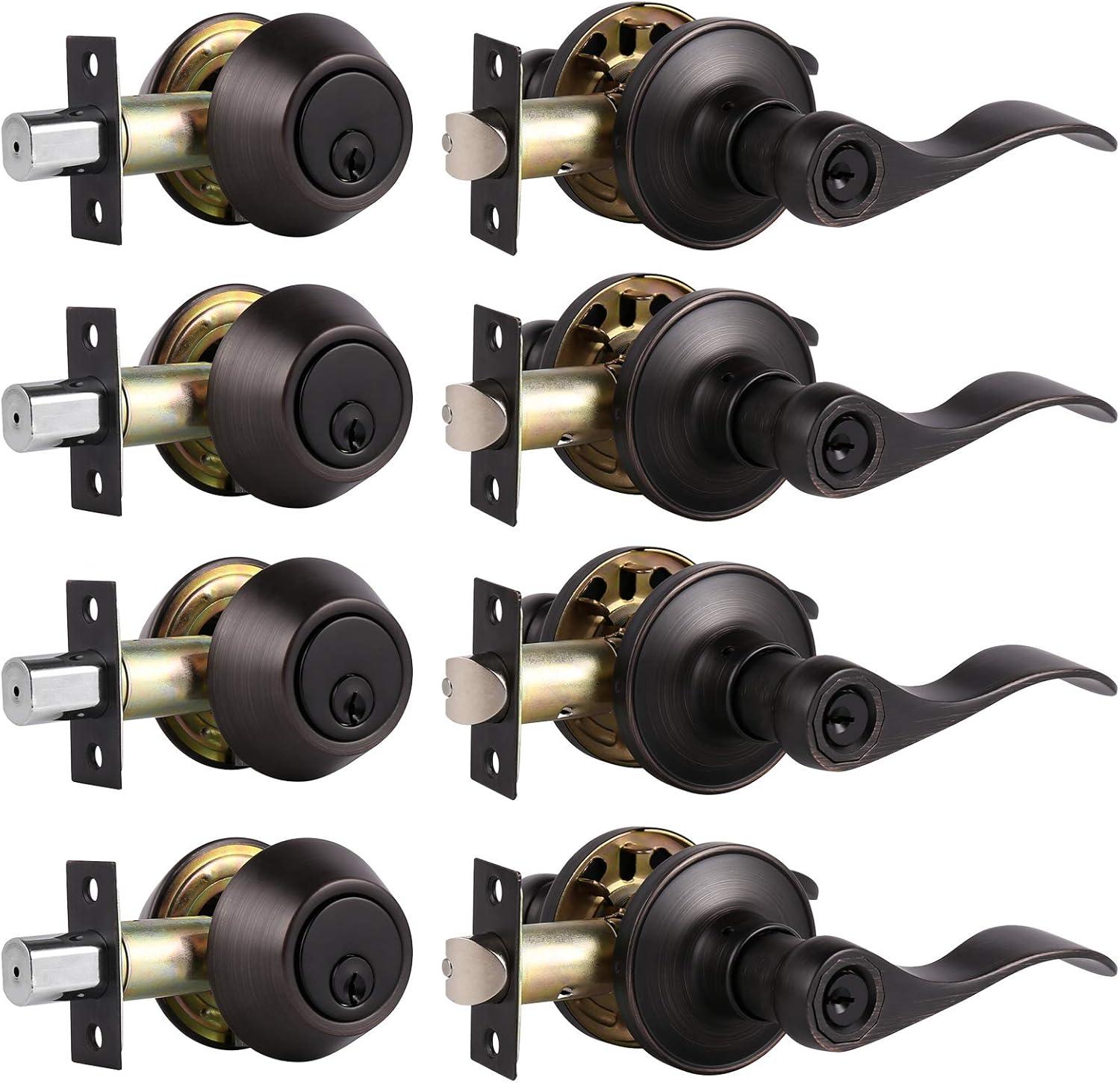 image:imageProbrico Front Door Handle Lever 3 Sets  Entry Door Lever and Double Cylinder Deadbolts Combo Pack in Oil Rubbed Bronze Finish Keyed Alike Lockset Exterior and Interior Contractor Pack Wave StyleOil Rubbed Bronze