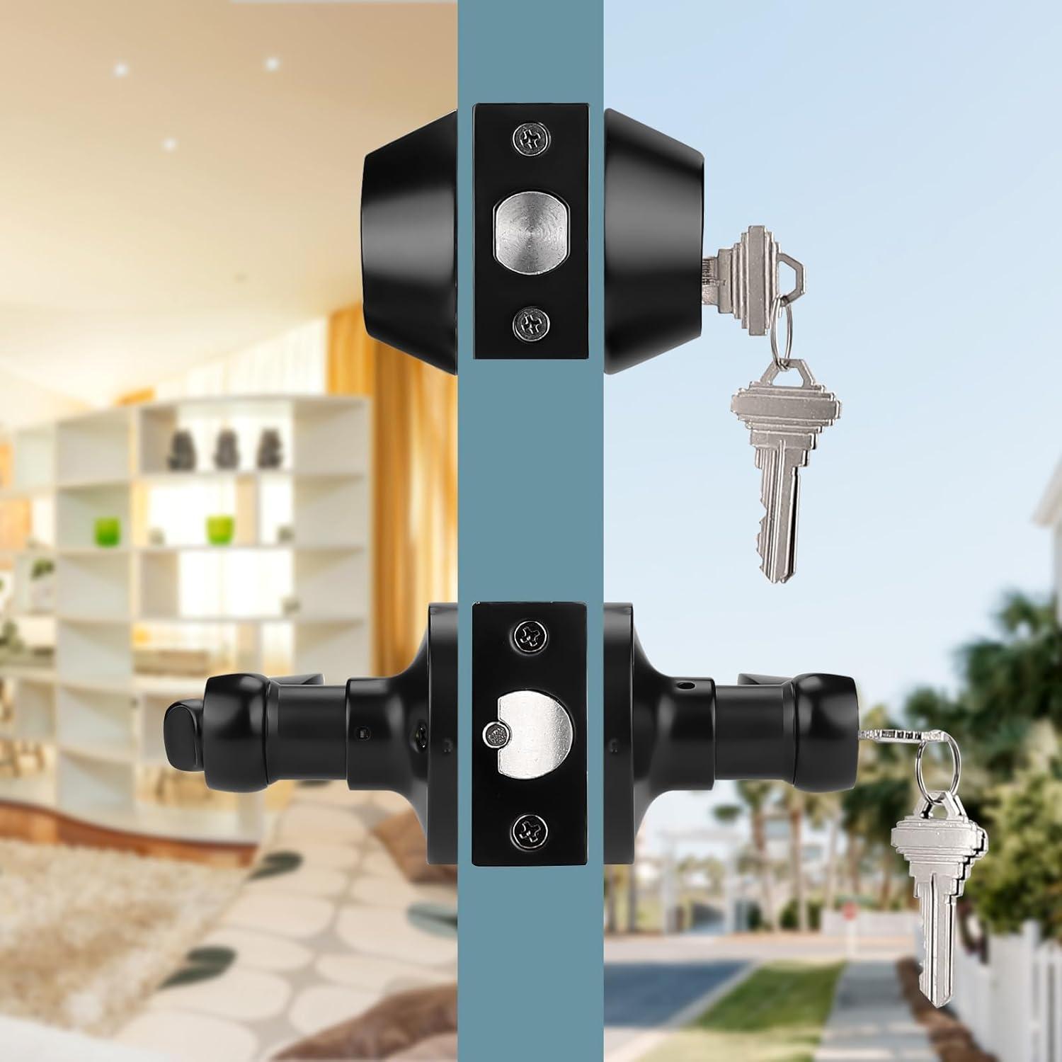 image:imageProbrico Front Door Handle Lever 3 Sets  Entry Door Lever and Double Cylinder Deadbolts Combo Pack in Oil Rubbed Bronze Finish Keyed Alike Lockset Exterior and Interior Contractor Pack Wave StyleBlack